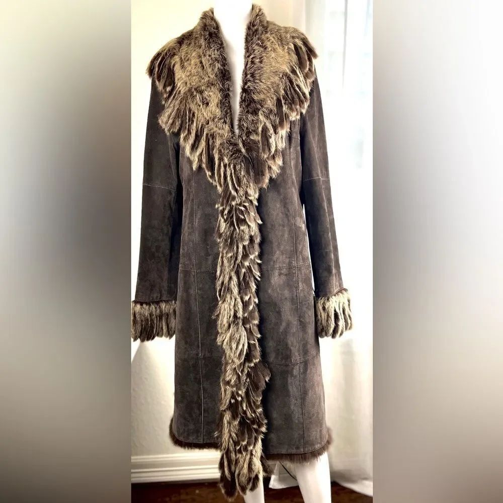 Raffaelo Leather Suede Coat with Fur Trim - Picture 2 of 15